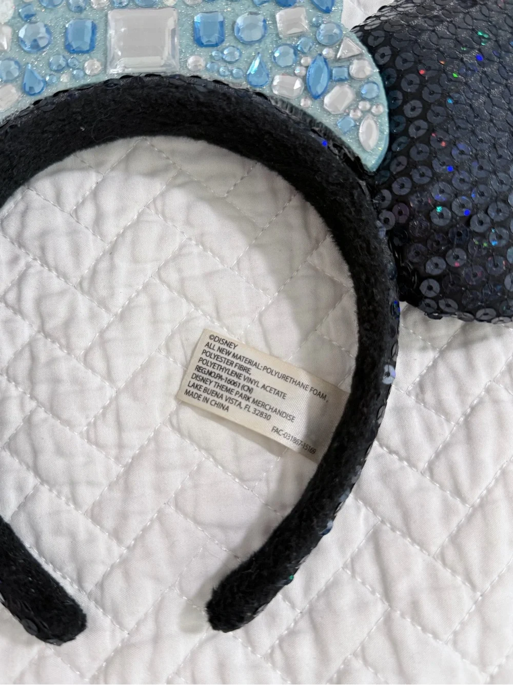 Disney Parks Black Sequin Minnie Ears Blue Jeweled Bow Headband Signed